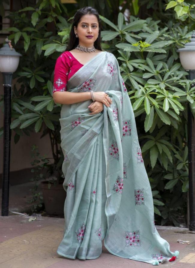 Linen Sea Green Festival Wear Weaving Saree